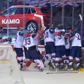 GB'splayers celebrate their stunning 4-3 win in overtime against France two years ago. Picture: Dean Woolley.