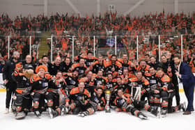 Sheffield Steelers celebrate their Challenge Cup Final triumph in March last year - their last game before the pandemic caused the sport to shut down. Picture courtesy of Dean Woolley/EIHL.