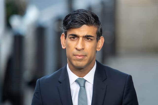 Chancellor of the Exchequer Rishi Sunak is interviewed via videolink for Sky News' Sophy Ridge on Sunday, outside BBC Broadcasting House in central London. Picture: Dominic Lipinski/PA Wire
