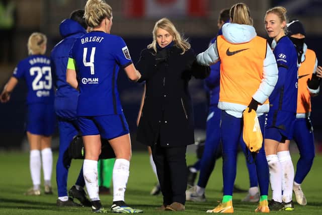Chelsea's manager Emma Hayes talks to players after the FA Women's Continental Tyres League Cup Semi Final match at Kingsmeadow, London. (Picture: Adam Davy/PA Wire)