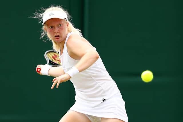 GREEN, GREEN GRASS OF HOME: Francesca Jones pictured in the Girls' Singles first round at Wimbledon back in July 2018. Picture: Michael Steele/Getty Images