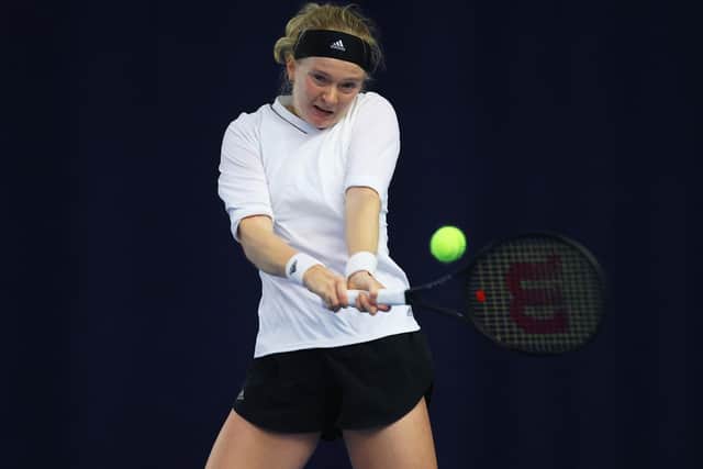 Francesca Jones in action against Jodie Burrage during D the Battle of the Brits Premier League of Tennis at the National Tennis Centre in December last year. Picture: Julian Finney/Getty Images for LTA