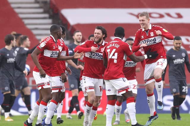OPENER: Middlesbrough players celebrate after scoring the first goal against Brentford. Picture: Getty Images.
