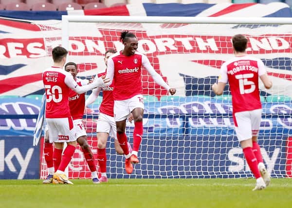 Early strike: Rotherham United's Freddie Ladapo celebrates with his team-mates after Preston North End's Joe Rafferty scores an own goal.