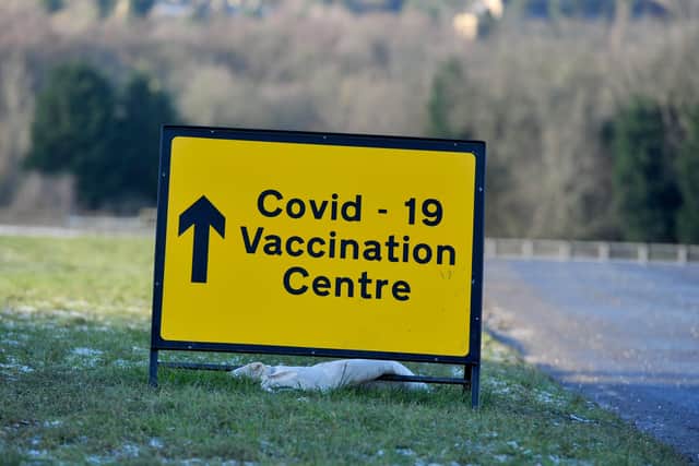 A sign leading to the Covid vaccine centre at Harrogate Showground.