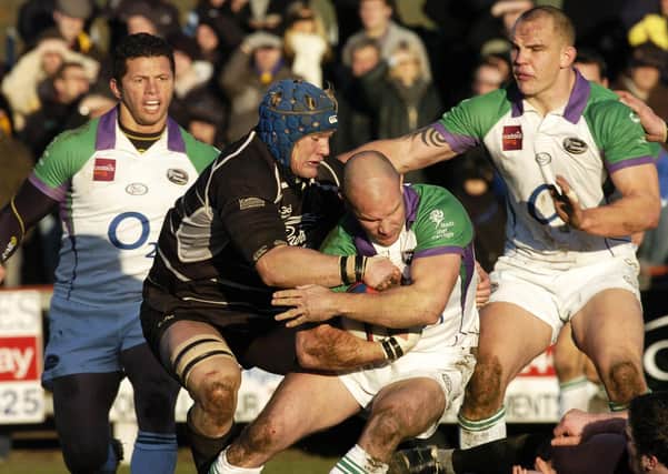 The Way We Were: Leeds Carnegie’s James Brooks holds on as Otley’s Mike McComish takes him down in National Division One, Boxing Day 2008. Picture: Bruce Rollinson