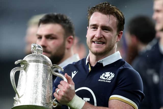 Proud captain: Scotland's Stuart Hogg lifts the Calcutta Cup after the Guinness Six Nations win at Twickenham. Picture: David Davies/PA Wire.