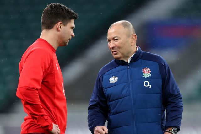 My fault: England head coach Eddie Jones (right) speaks to Ben Youngs prior to the shock Guinness Six Nations defeat to Scotland. Picture: David Davies/PA Wire.