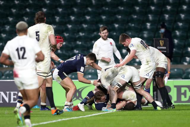 Key moment: Scotland's Duhan van der Merwe scores his side's only try against England. Picture: David Davies/PA Wire.