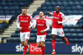 FAST START: Rotherham United players celebrate after taking the lead in the first minute against Preston. Picture: Getty Images.