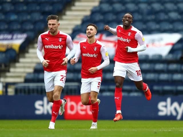 FAST START: Rotherham United players celebrate after taking the lead in the first minute against Preston. Picture: Getty Images.