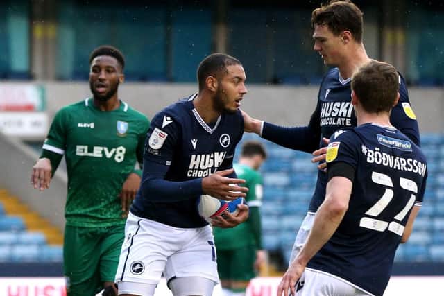 LEVEL: Millwall's Kenneth Zohore celebrates with his team-mates after scoring their side's first goal of the game from the penalty spot. Picture: PA Wire.