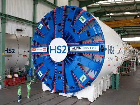 A tunnelling machine, built at a factory in Germany, which will excavate a 10-mile long tunnel as deep as 80 metres below ground in the Chilterns as part of Phase 1 of the high-speed railway between London and Birmingham. PA Photo.