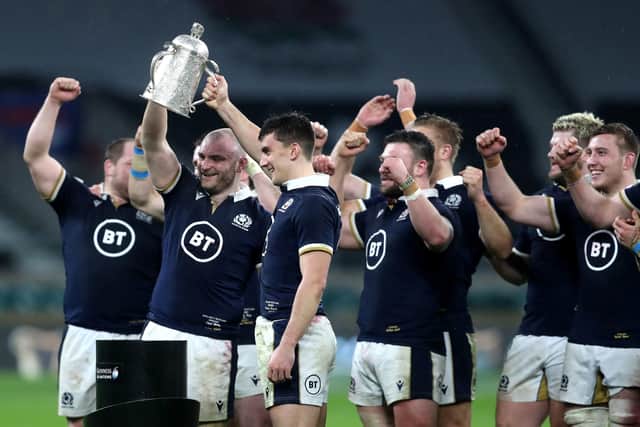 Calcutta cheer: Scotland lift the Calcutta Cup after their first win at Twickenham in 38 years. Picture: David Davies/PA Wire.