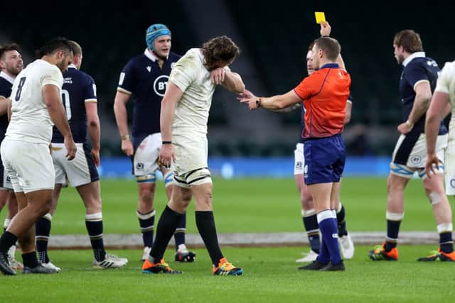 Binned: England's Billy Vunipola (left) is shown a yellow card by referee Andrew Brace. Picture: David Davies/PA Wire.