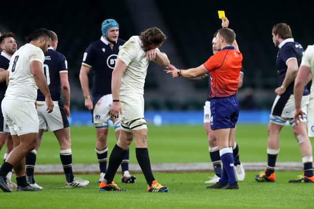 England's Billy Vunipola, far left, is shown a yellow card by referee Andrew Brace at Twickenham on Saturday. Picture: David Davies/PA