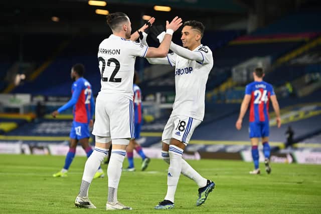 Jack Harrison celebrates his opening goal against Crystal Palace.  Picture: Bruce Rollinson