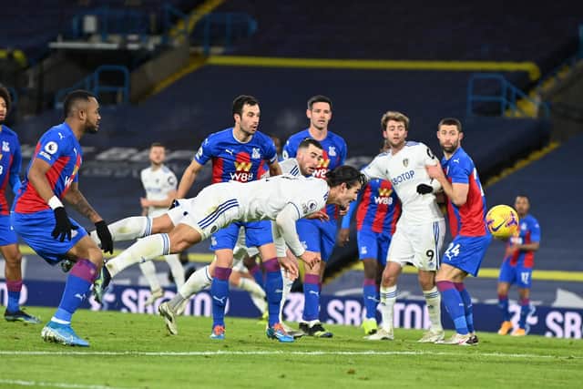 Pascal Struijk heads wide for Leeds United in their 2-0 win against Crystal Palace. Picture: Bruce Rollinson