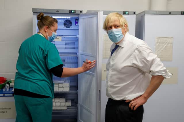 Boris Johnson during a visit to a Covid vaccination centre this week.