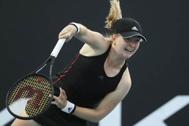 NO GO: Britain's Francesca Jones serves to Shelby Rogers during their first round match at the Australian Open in Melbourne. Picture: AP/Hamish Blair