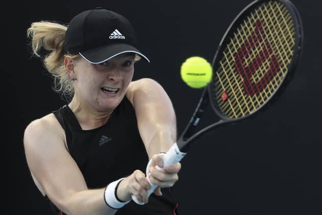 Britain's Francesca Jones makes a backhand return to Shelby Rogers during their first round match at the Australian Open in Melbourne. Picture: AP/Hamish Blair)