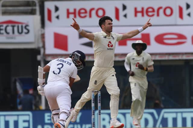 James Anderson of England celebrates the wicket of Ajinkya Rahane of India during day five of the first test match between India and England  (Picture: Pankaj Nangia/ Sportzpics for BCCI)