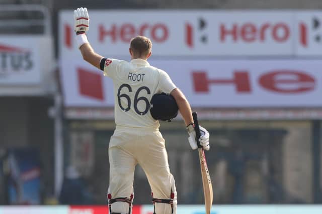 Joe Root of England celebrates after scoring a hundred during day one of the first test match between India and England (Picture: Pankaj Nangia/ Sportzpics for BCCI via ECB)