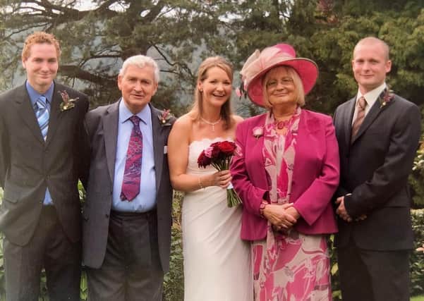 Polly on her wedding day in 2006 with her brother Edd, parents Peter and Angela and her surviving brother Guy