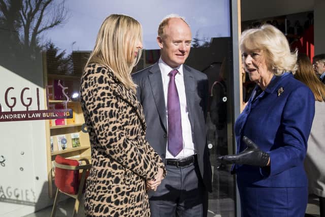 Zoe Law, Andrew Law and Camilla, Duchess of Cornwall during a visit to Maggie's at The Royal Marsden on February 06, 2020 in Sutton, Greater London. (Photo by Tristan Fewings/Getty Images)