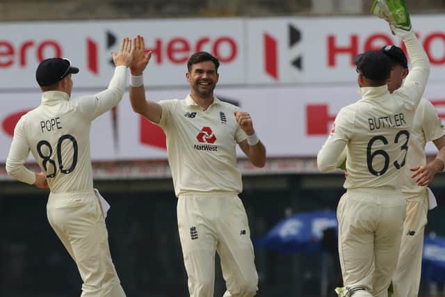 England's James Anderson celebrates the wicket of India's Shubman Gill on day five of the first Test match in Chennai. Picture courtesy of BCCI (via ECB).