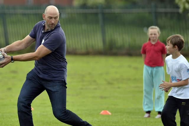 Rugby legend Lawrence Dallaglio, pictured during a school visit to Leeds in 2014, is the founder of the Dallaglio Rugby Works scheme.