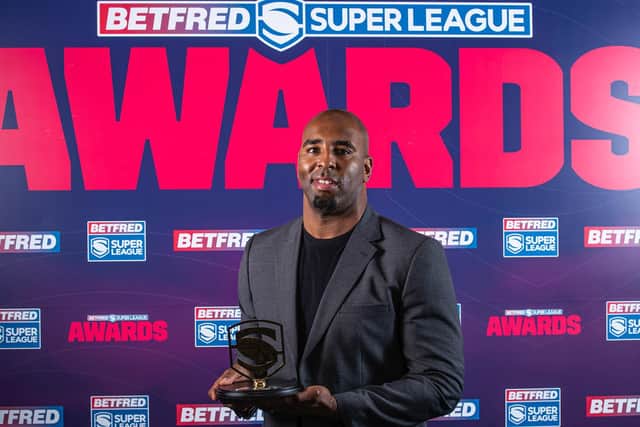 Huddersfield Giants' Michael Lawrence with 2021 Super League top tackler award. He made 749 in the campaign. (ALLAN MCKENZIE/SWPIX)