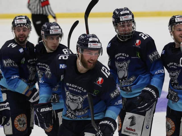Ben O'Connor, celebrates with Sheffield Steeldogs' team-mates during the Streaming Series. Picture courtesy of Cerys Molloy.