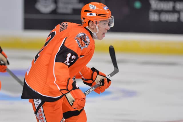 Kieran Brown, in action last season for Sheffield Steelers, has signed for Telford Tigers for the duration of the NIHL National Spring Cup. Picture courtesy of Dean Woolley.
