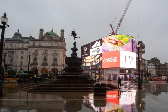 A general view of a near empty Piccadilly Circus in London, during England's third national lockdown to curb the spread of coronavirus.