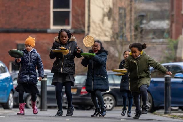 Pupils from St Peter's C.E. Primary School, taking part in pancake races at Leeds Minster in 2020. Picture: James Hardisty.