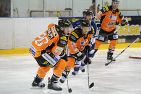 GOOD OLD DAYS: Jonathan Phillips and Jason Hewitt, in action for Sheffield Steelers against Dundee Stars in November 2013. Picture courtesy of Dean Woolley.