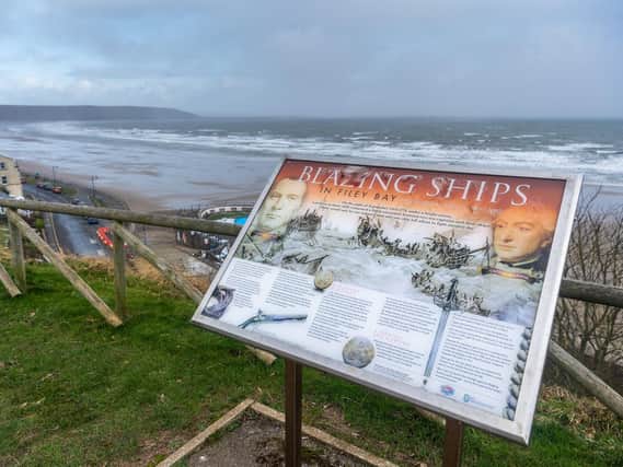 There is only an information board to mark the Battle of Flamborough Head from the viewpoint at Filey Bay where 18th-century onlookers watched the engagement