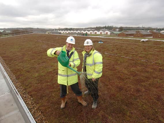 The sedum roof being put in place on the new Fodder building by Heather Parry and Stuart Falshaw MD of contruction company Houseman and Falshaw.