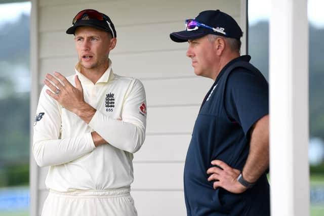 ALL CHANGE: England captain Joe Root speaks with coach Chris Silverwood. Picture: Gareth Copley/Getty Images