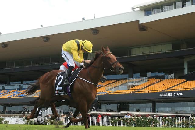 Tom Marquand and Addeybb win the Ranvet Stakes in Sydney in front of empty stands in March 2020.