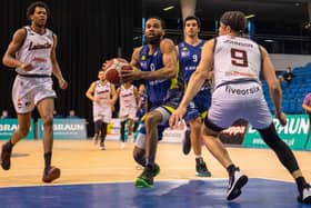 Nicholas Lewis drives to the basket for Sheffield Sharks against Leicester Riders (Picture: Bruce Rollinson)