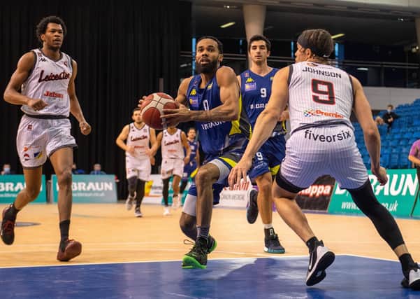 Nicholas Lewis drives to the basket for Sheffield Sharks against Leicester Riders (Picture: Bruce Rollinson)