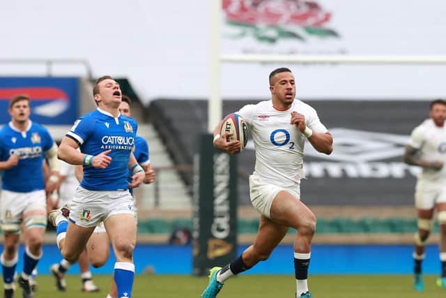 England's Anthony Watson races away for his intercept try. (Photo by David Rogers/Getty Images)