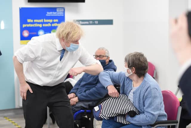 Prime Minister Boris Johnson during a visit to a Covid vaccine cerntre as he contemplates whether to lift lockdown restrictions.