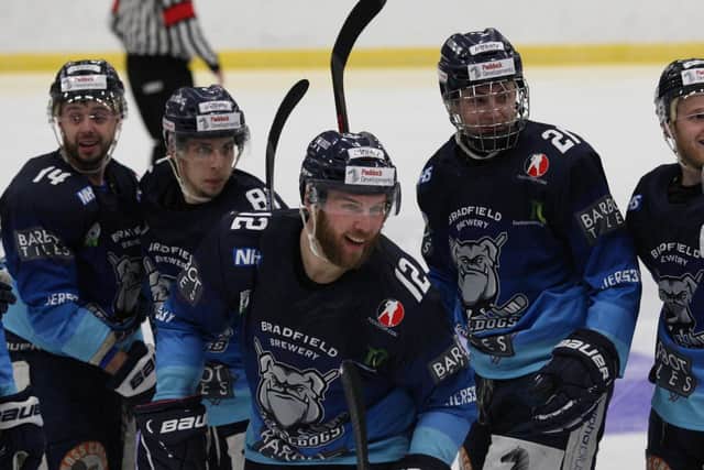Ben O'Connor, centre, scored two goals and two asists over the two-game weekend for the Steeldogs. Picture courtesy of Cerys Molloy.