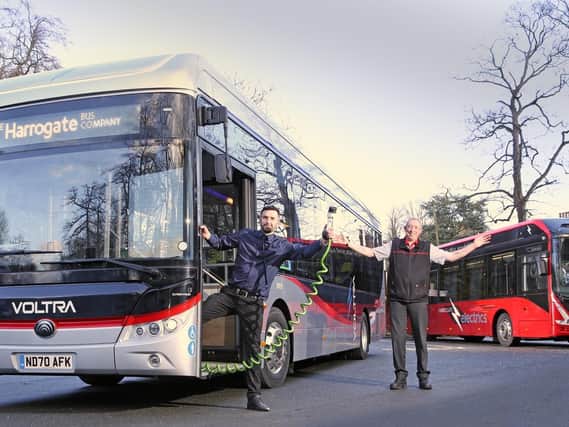 The Harrogate Bus Company General Manager Frank Stanisauskis (left) and driver Ricki Tomlinson with the Yutong E10 electric bus now on trial between Harrogate and Knaresborough.