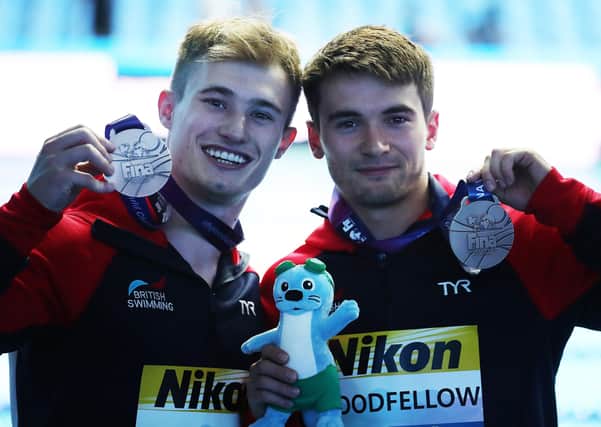 BLOSSOMING PARTNERSHIP: Jack Laugher, left, and Daniel Goodfellow, right, of Great Britain pose with their silver medals from the Men's 3m Synchro Springboard final on day two of the Gwangju 2019 FINA World Championships at Nambu International Aquatics Centre on July 13, 2019 in Gwangju, South Korea. Picture: MacNicol/Getty Images.