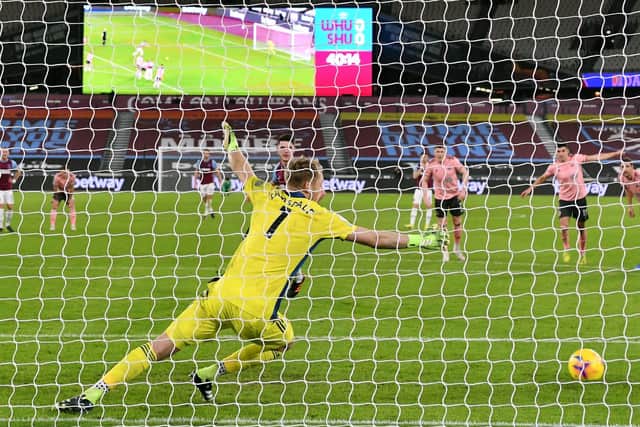 FRIST STRIKE: West Ham United's Declan Rice scores his side's first goal against Sheffield United at the London Stadium. Picture: Justin Setterfield/PA