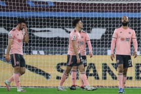 Sheffield United's players show their disappointment after conceding a second goal at the London Stadium. Picture: David Klein/Sportimage